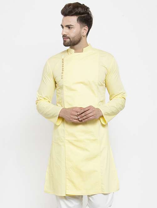 yellow solid long  kurta - 16226442 - Very Small Image - 1