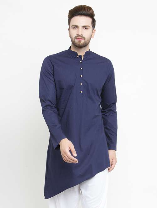 men navy blue solid asymmetric kurta - 16226460 - Very Small Image - 1