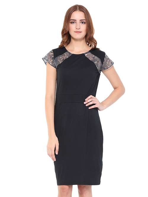 keyhole back mesh paneled sheath dress - 16227109 - Very Small Image - 1