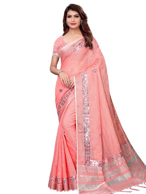 mirror work solid saree with blouse - 16304588 - Very Small Image - 1