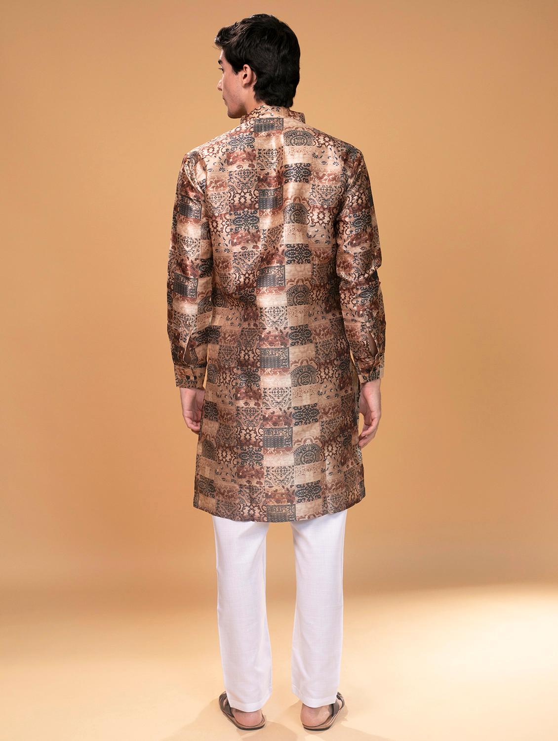 brown silk printed asymmetric kurta - 16599829 - Standard Image - 3