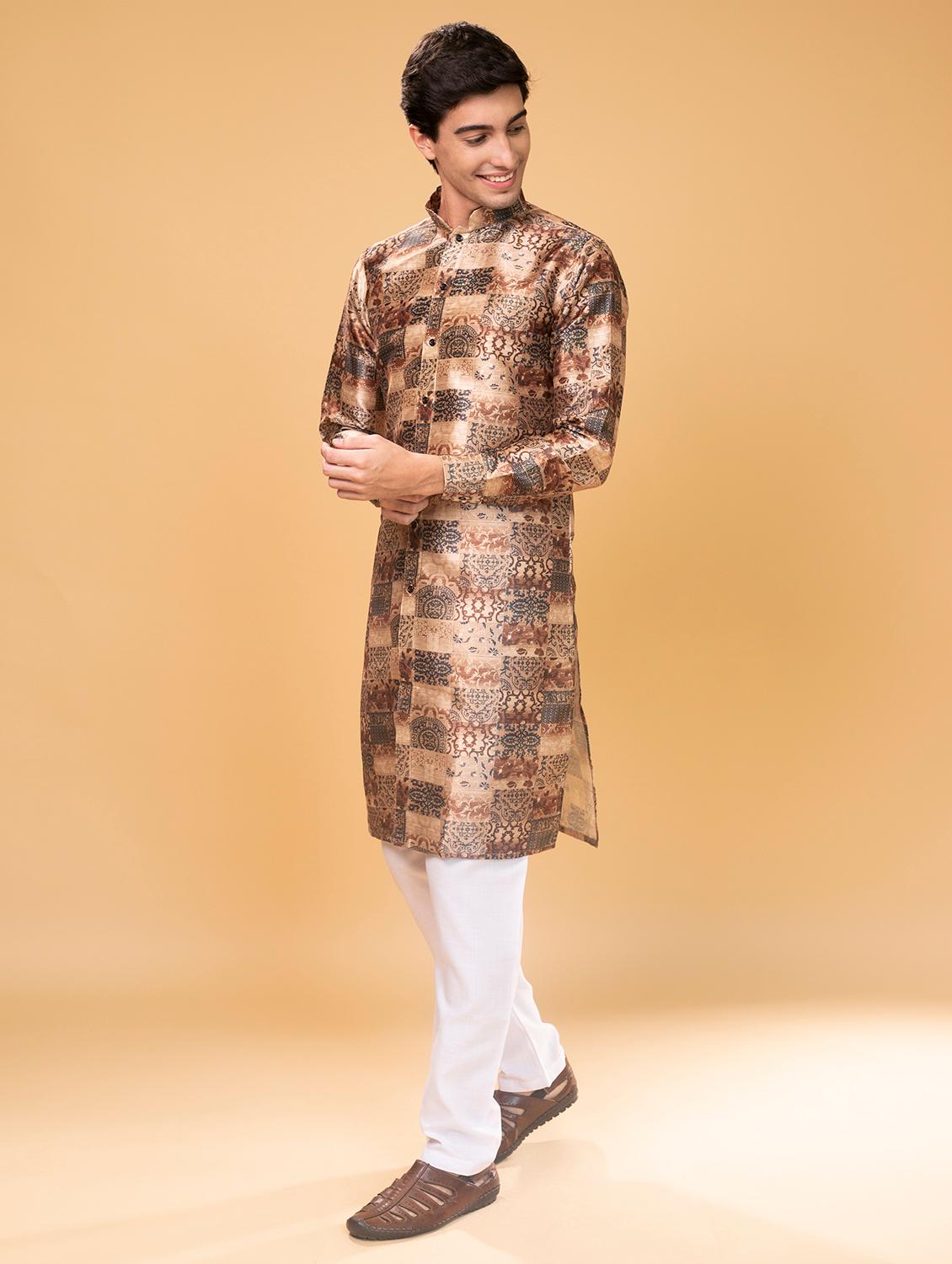 brown silk blend printed long kurta - 16599830 - Standard Image - 2