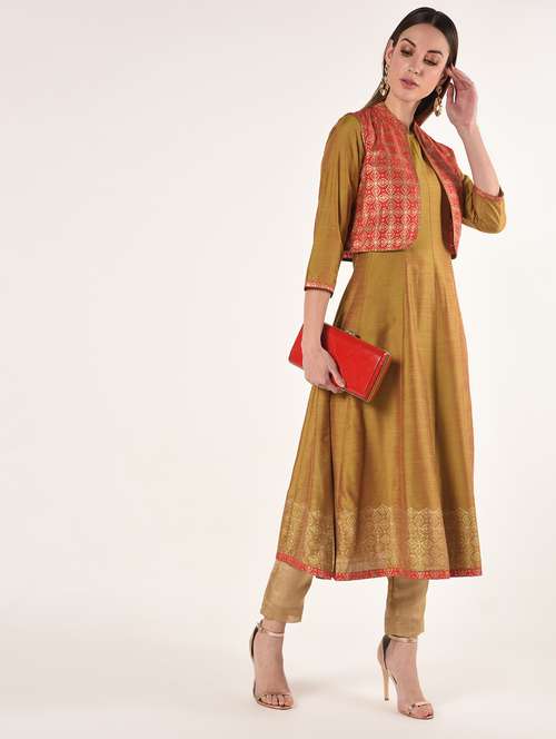 gold print silk anarkali kurta - 16714216 - Very Small Image - 1