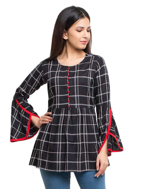 round neck bell sleeved checkered top - 16745457 - Very Small Image - 1