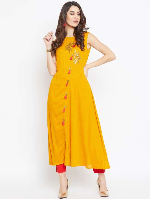 solid contrast flared kurta - 17103670 - Very Small Image - 1