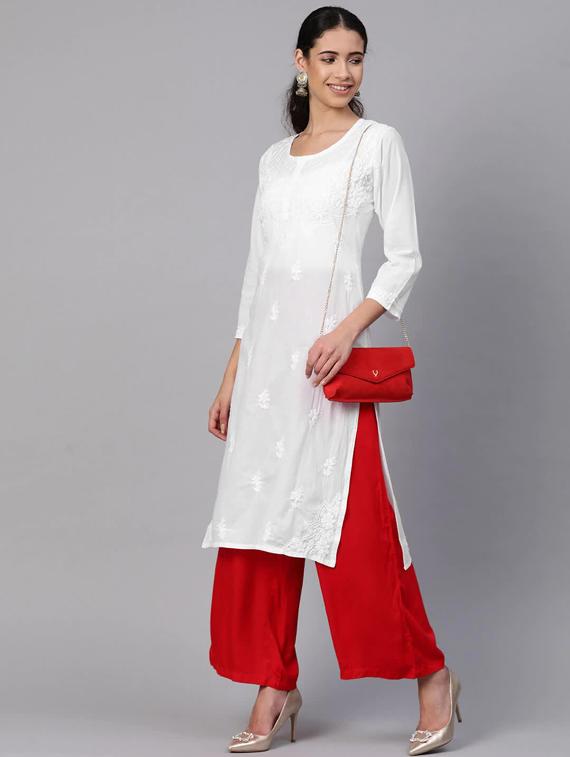 white knee length cotton chikan handworked straight kurta - 17142771 - Standard Image - 3