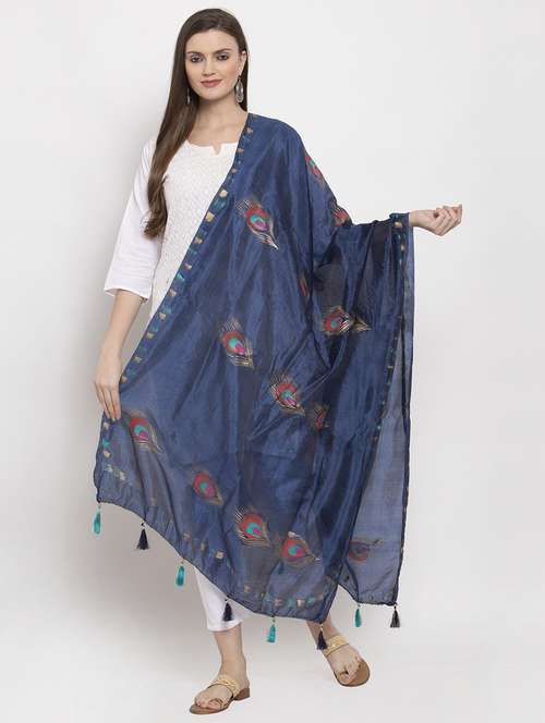 navy blue printed dupatta with fringes - 17258020 - Very Small Image - 1