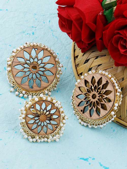 brown colored wood studs earring with ring - 17274331 - Very Small Image - 1