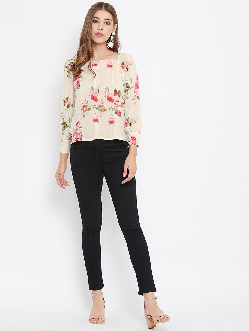 women's beige regular fit floral printed square neck top - 17327355 - Standard Image - 3