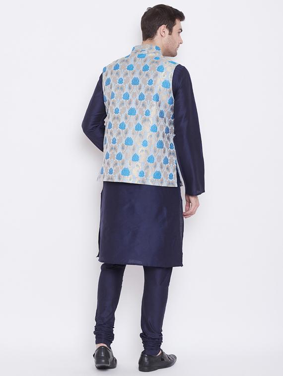 navy blue solid silk blend kurta churidar set with jacquard nehru jacket - 17352159 - Zoom Image - 2