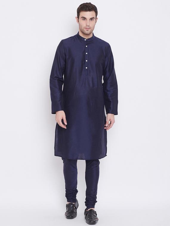 navy blue solid silk blend kurta churidar set with jacquard nehru jacket - 17352159 - Standard Image - 3