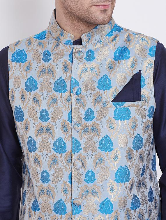 navy blue solid silk blend kurta churidar set with jacquard nehru jacket - 17352159 - Standard Image - 4