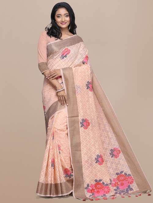 peach linen chanderi saree with blouse - 17482894 - Very Small Image - 1