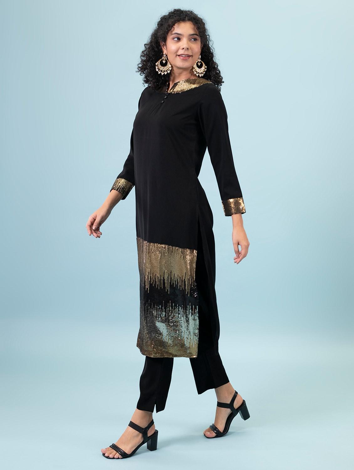 women black sequined work kurta pant set - 17529930 - Standard Image - 2