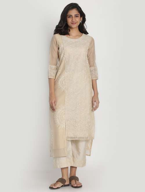 beige chanderi kurta pant  set - 17557495 - Very Small Image - 1
