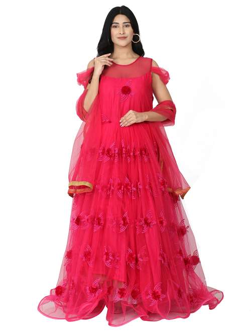 embroidered net flared gown - 17562592 - Very Small Image - 1