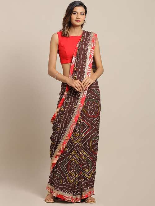women's bandhani brown colored saree with blouse - 17583795 - Very Small Image - 1