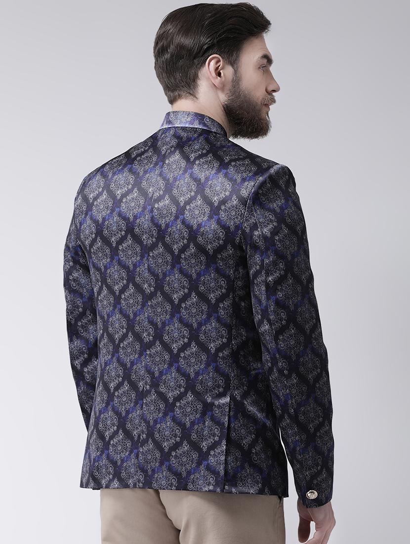 navy blue printed bandhgala casual blazer - 17585849 - Standard Image - 2