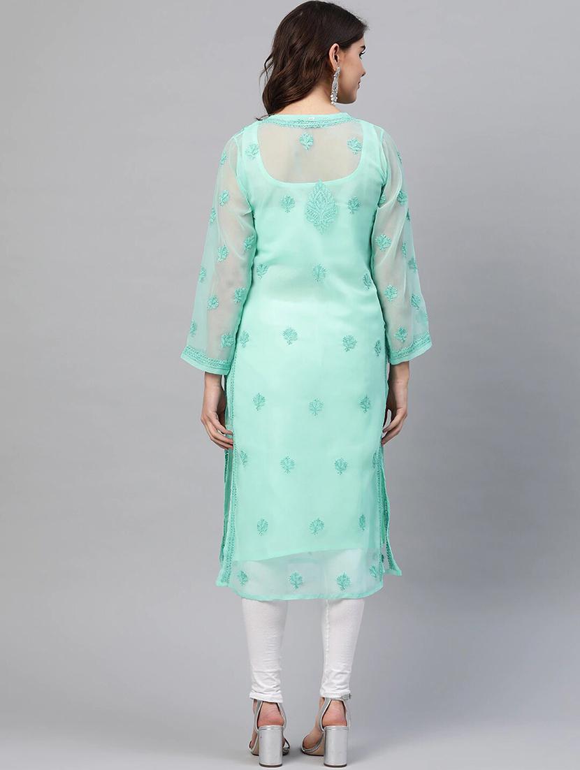 turquoise georgette women chikankari kurta - 17615148 - Zoom Image - 2