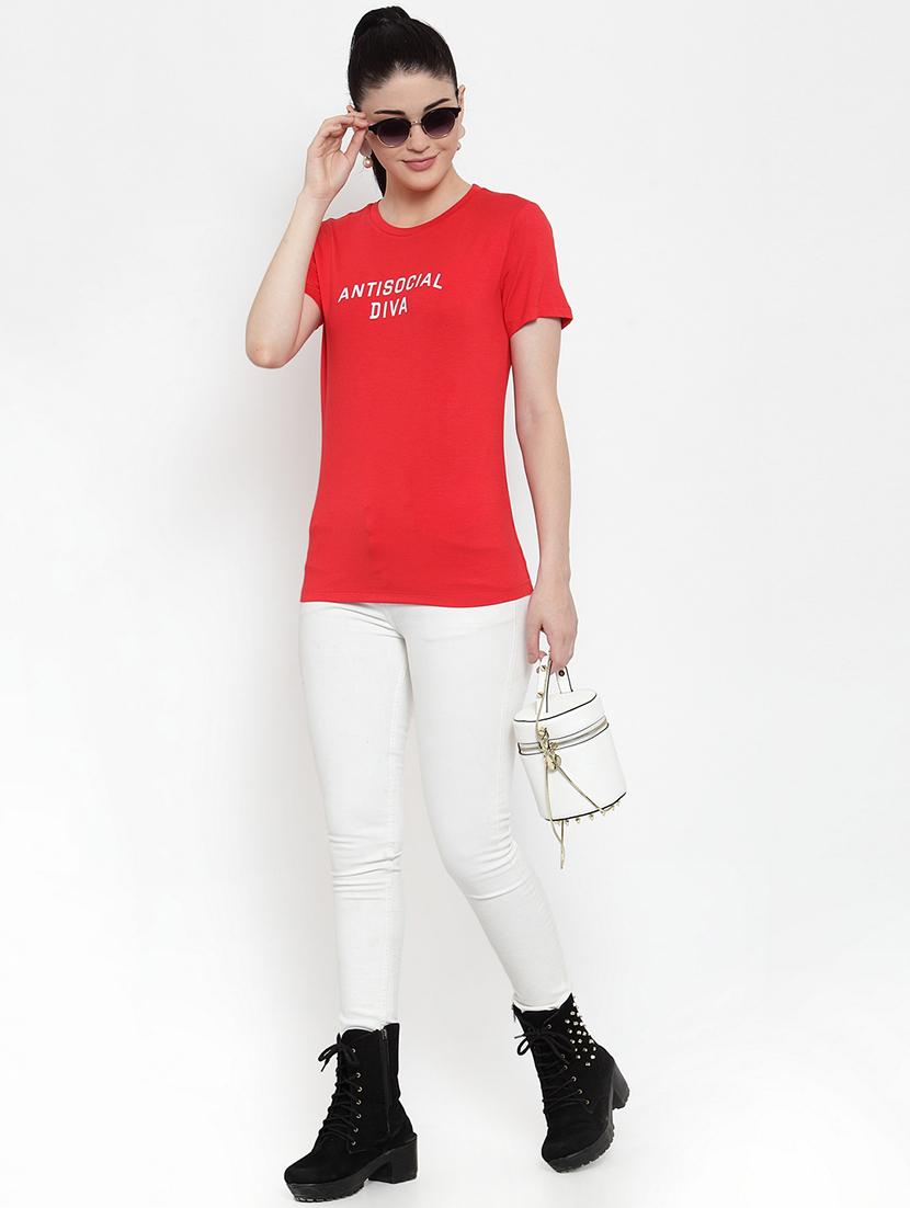 women's chest print round neck t-shirt - 17621261 - Standard Image - 3