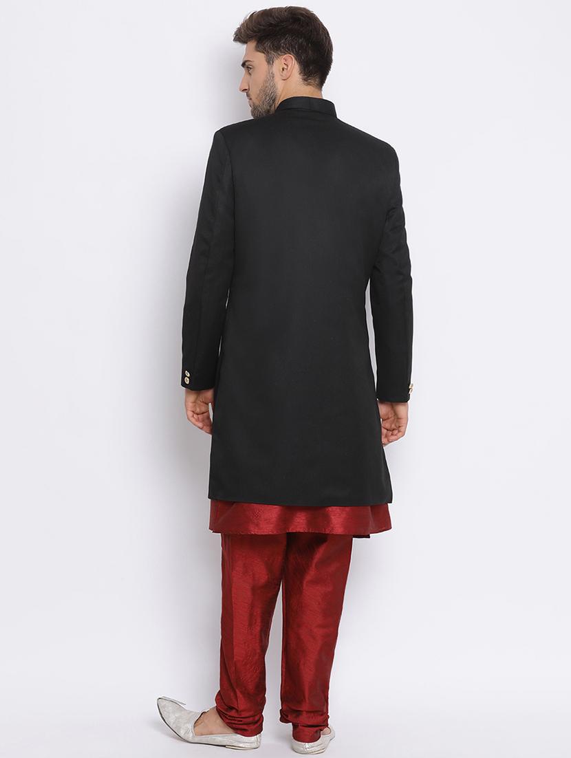 black solid silk blend sherwani set - 17633317 - Zoom Image - 3