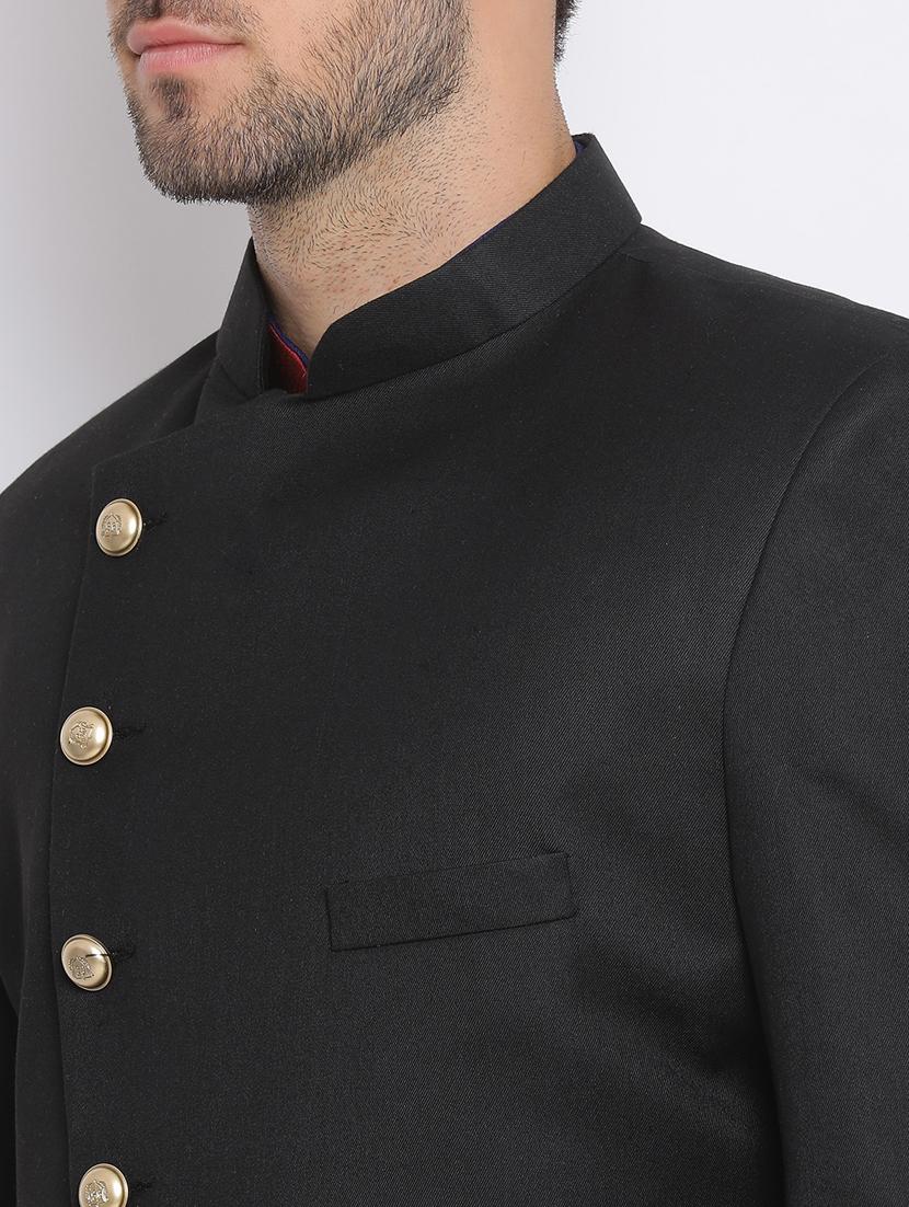 black solid silk blend sherwani set - 17633317 - Standard Image - 5