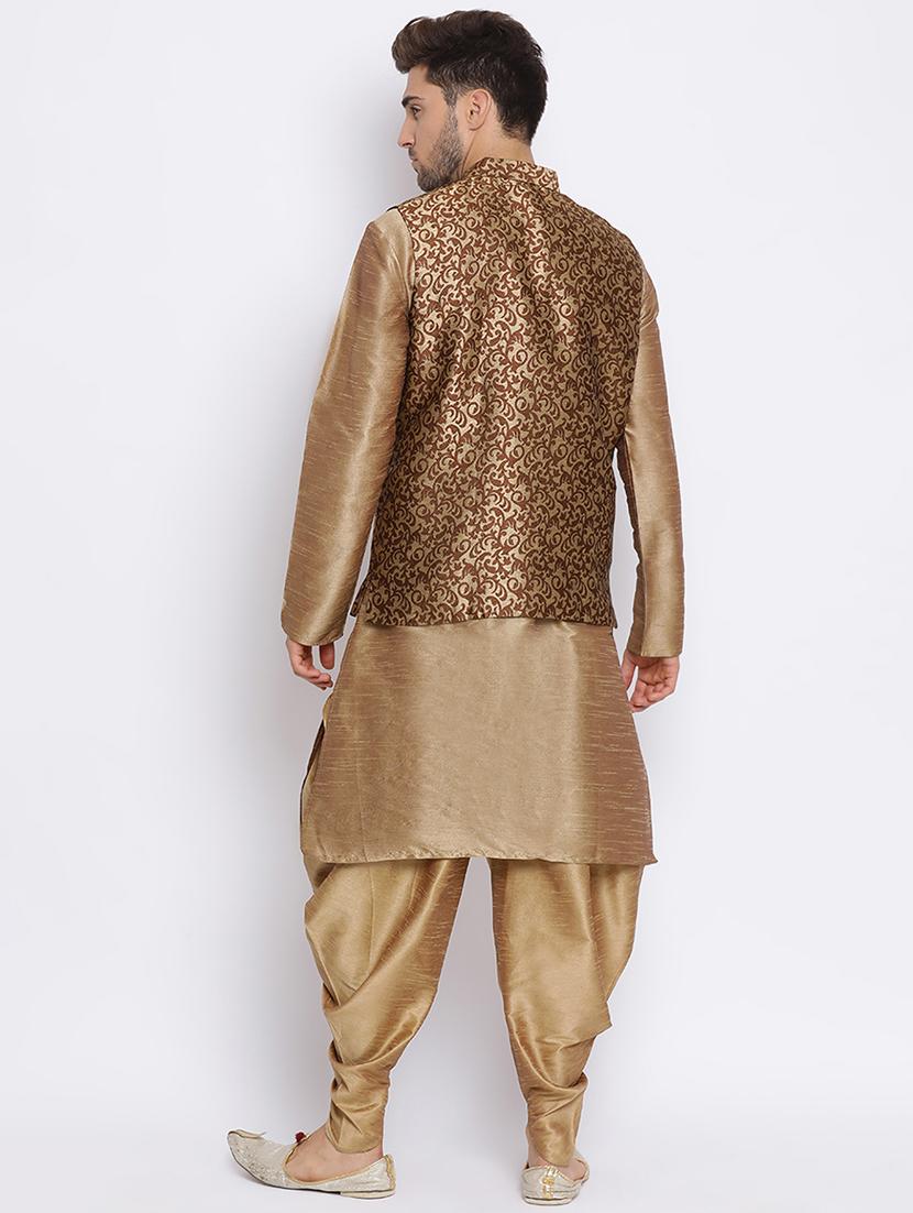 khaki dhoti kurta set with brocade nehru jacket - 17633334 - Zoom Image - 3