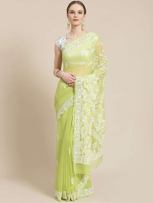ada hand-embroidered green chikankari saree with blouse - 17652340 - Very Small Image - 1