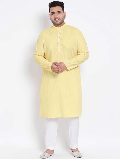 plus size yellow solid linen kurta pyjama set - 17718911 - Very Small Image - 1