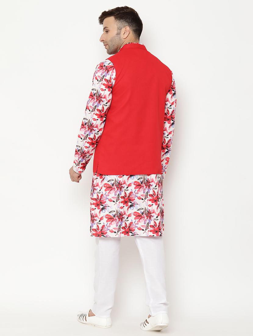 white floral kurta pyjama set with red nehru jacket - 17855836 - Zoom Image - 3