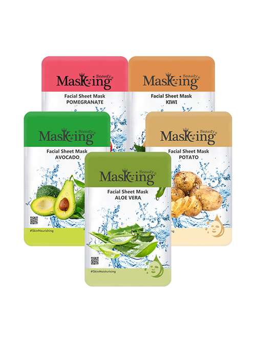 masking beauty facial sheet mask for skin lightening, nourishing, moisturizing & glowing for women & men combo of 5 - 17869531 - Very Small Image - 1
