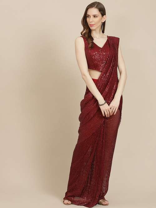 women's solid with work maroon colored saree with blouse - 17874060 - Very Small Image - 1