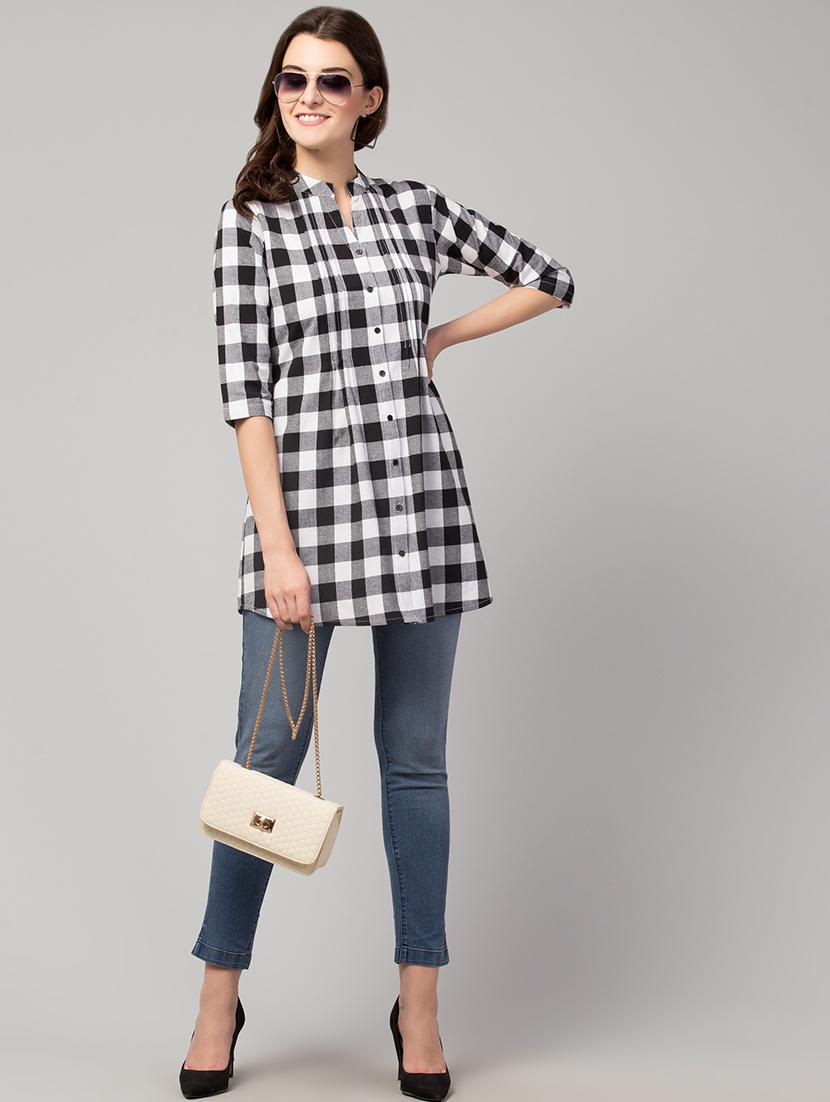 mandarin neck checkered tunic - 17909392 - Standard Image - 3