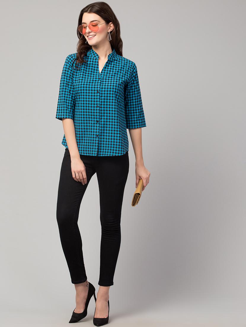 mandarin neck checkered shirt top - 17928805 - Zoom Image - 3