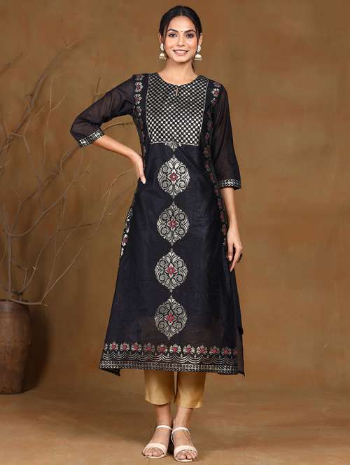 navy chanderi straight kurta - 17948113 - Very Small Image - 1