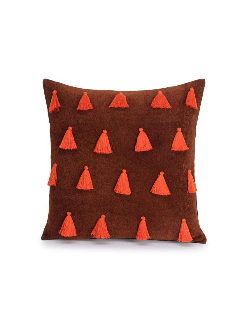 mezposh droplet brown cotton velvet solid self design tasselled cushion cover (16"x16") - 17977762 - Zoom Image - 2