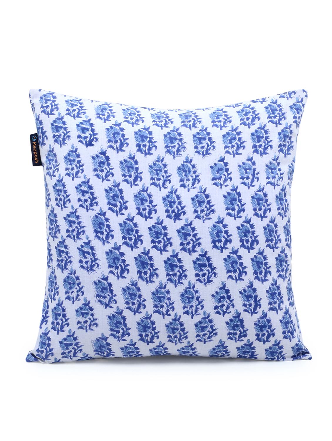 mezposh artsy blue and white cotton block print traditional floral cushion cover (16x16 inch) set of 5 - 18007154 - Zoom Image - 2