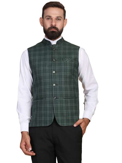 green checkered nehru jacket - 18043074 - Very Small Image - 1