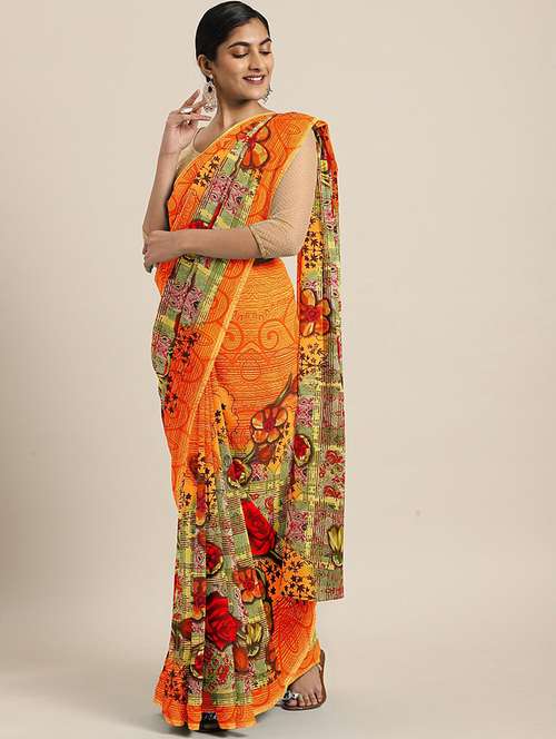 women's floral orange colored saree - 18142719 - Very Small Image - 1