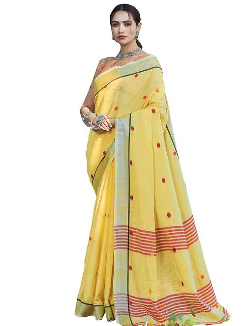 yellow linen embroidered saree - 18216867 - Very Small Image - 1