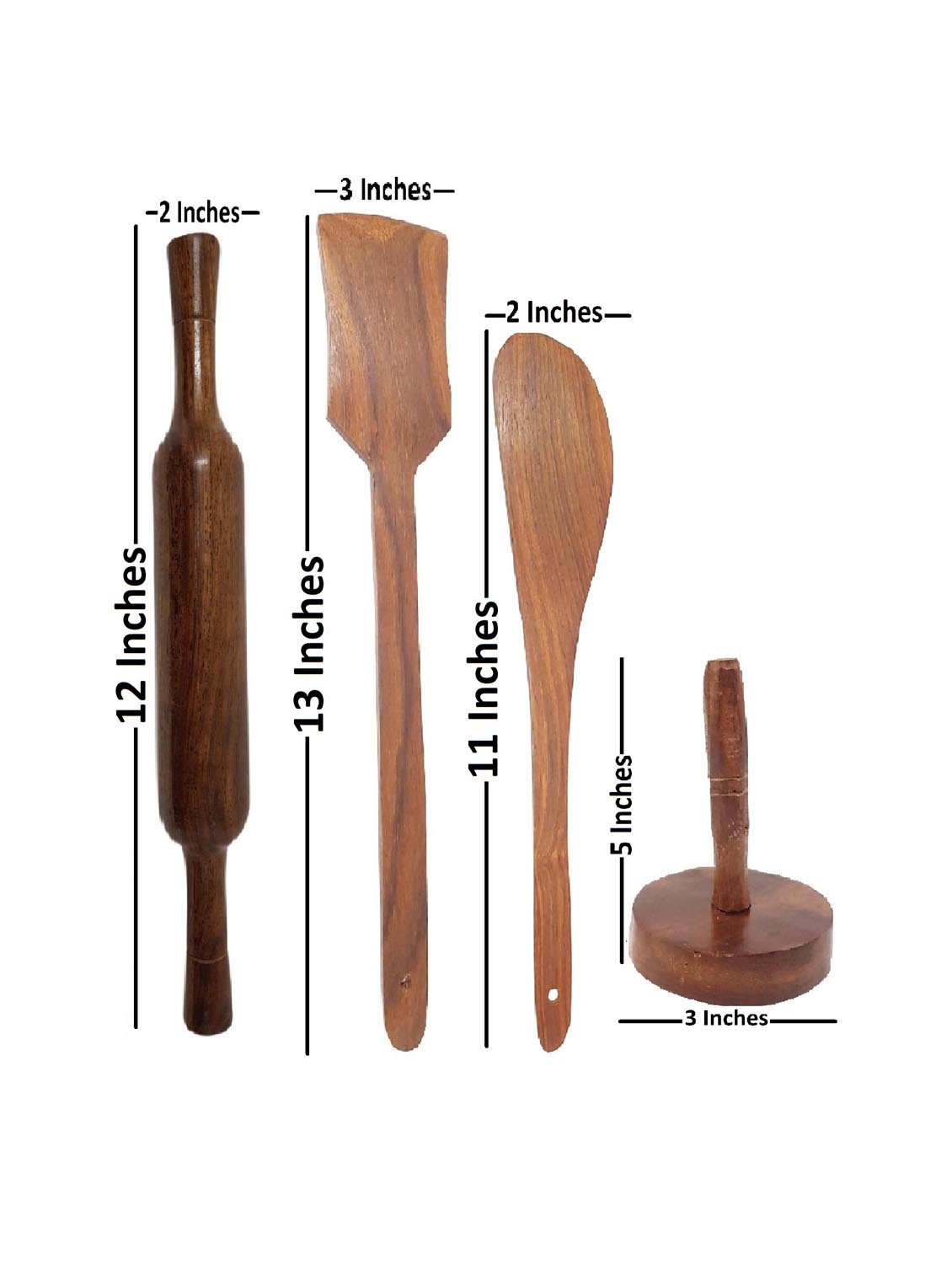 buzykart® wooden spoon set 1 frying, 1 serving, 1 masher, 1 chapati roller, 1 grinder ( brown ) - 18219311 - Zoom Image - 2