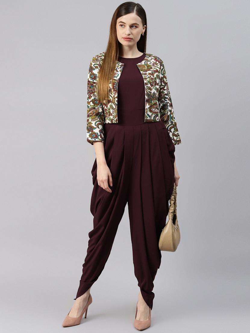 round neck solid full leg jumpsuit with jacket - 18232547 - Standard Image - 3