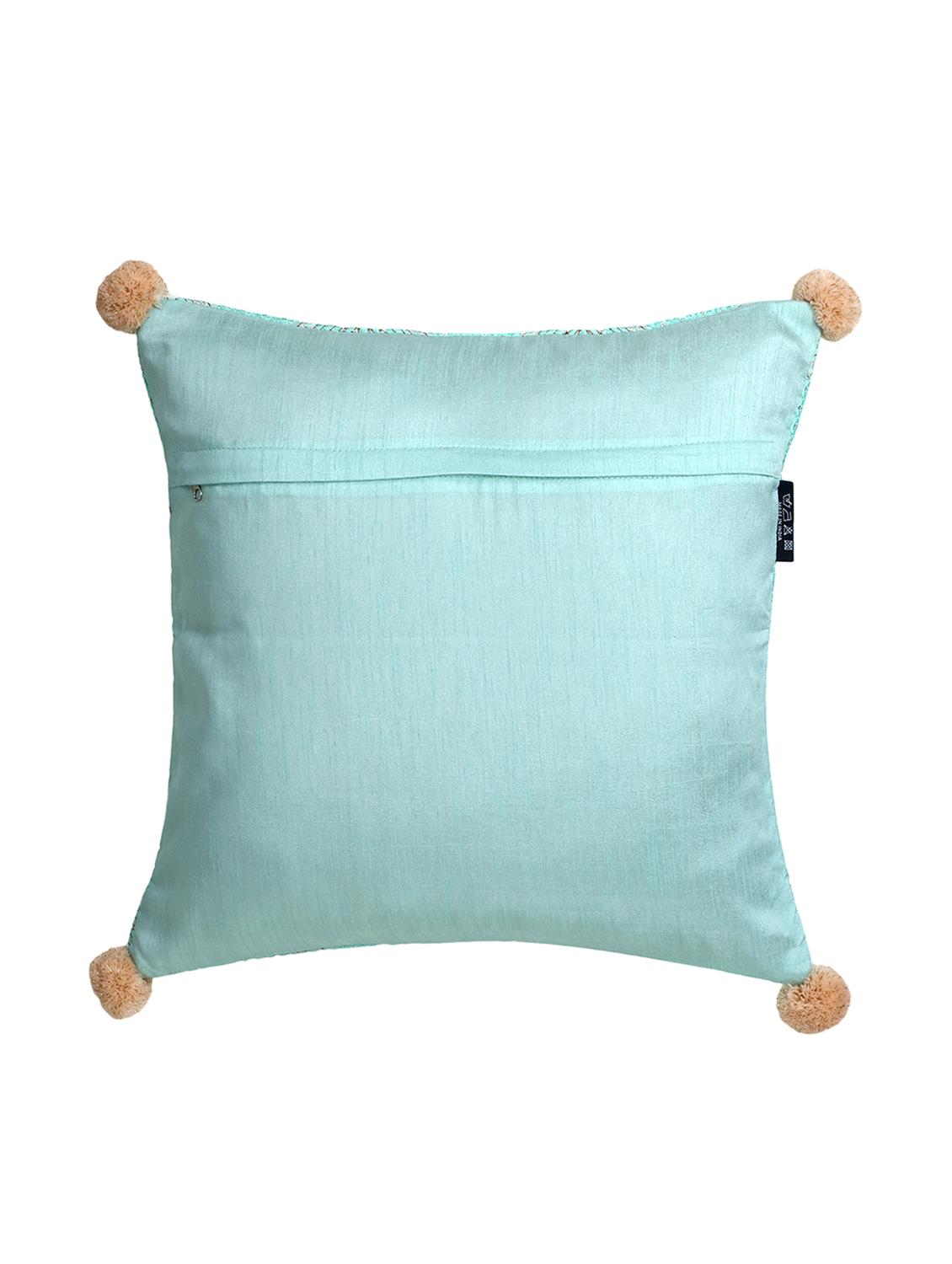 mezposh tribal sea green & coral ethnic motifs embroidered faux silk cushion cover (16"x16") - 18308577 - Standard Image - 2