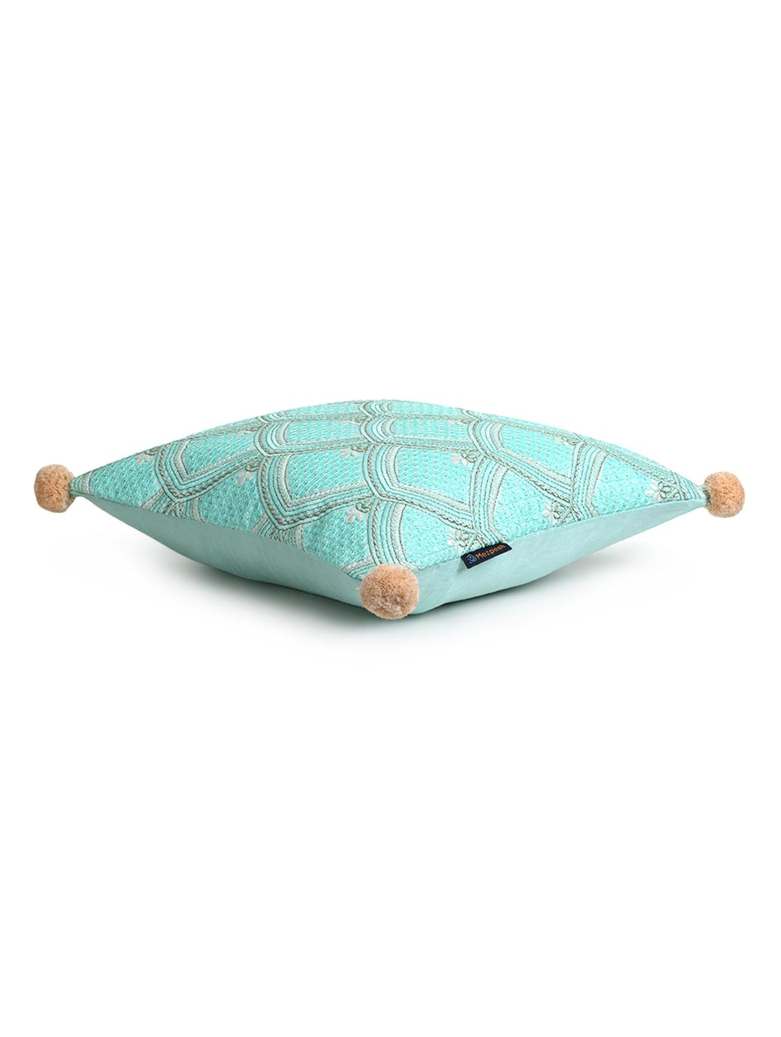 mezposh tribal sea green & coral ethnic motifs embroidered faux silk cushion cover (16"x16") - 18308577 - Zoom Image - 3