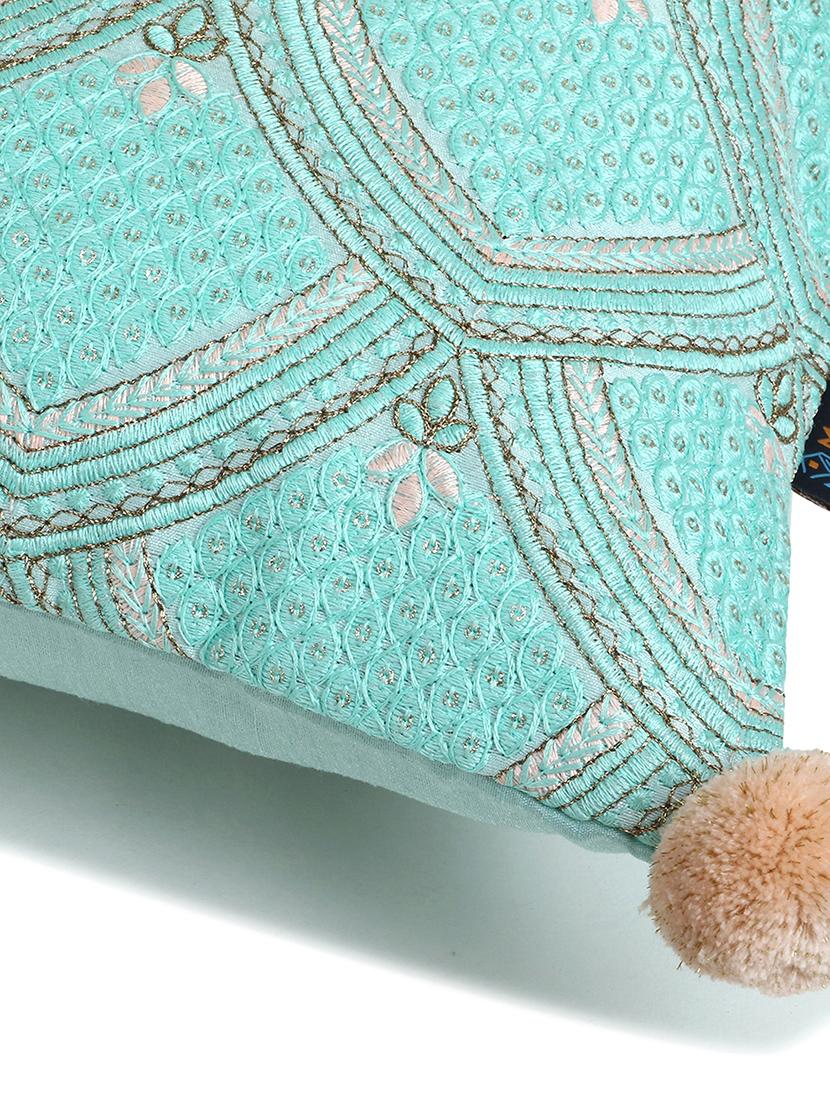 mezposh tribal sea green & coral ethnic motifs embroidered faux silk cushion cover (16"x16") - 18308577 - Standard Image - 5