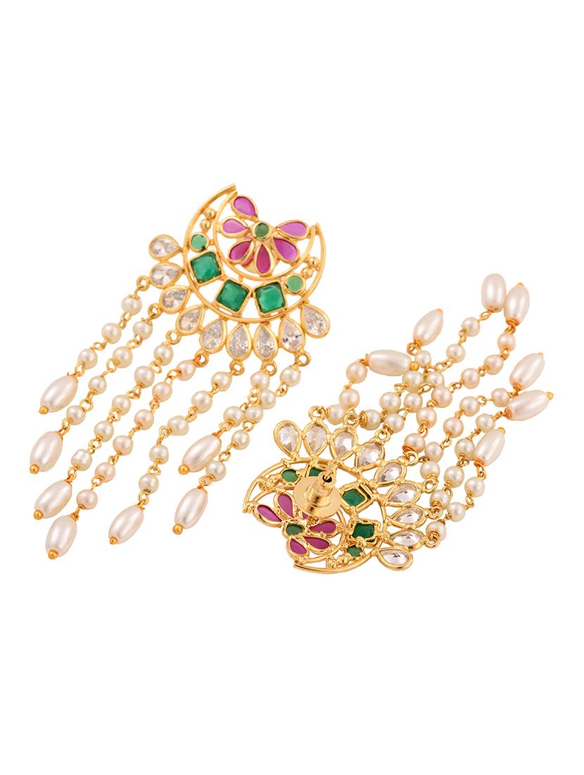 gold plated red & green ad studded crescent shaped long pearls drop earrings - 18321024 - Standard Image - 2