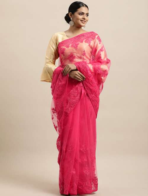 red net embroidered saree with blouse - 18323140 - Very Small Image - 1