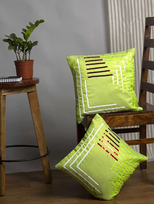 alina decor green embroidered set of 2 cushion covers - 18328481 - Very Small Image - 1