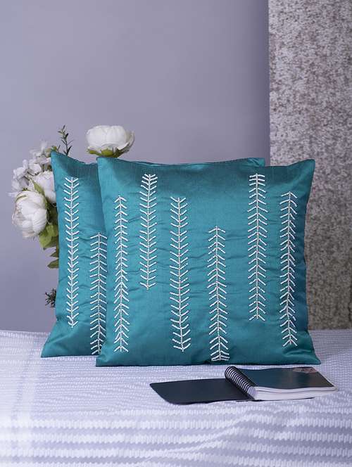 alina decor teal embroidered set of 2 cushion covers - 18328582 - Very Small Image - 1