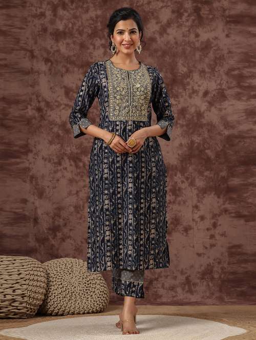 blue chanderi kurta pant  set - 18334975 - Very Small Image - 1